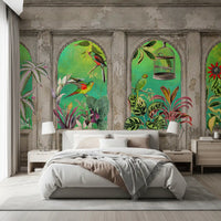 Murale da parete con archi vintage e uccelli tropicali
