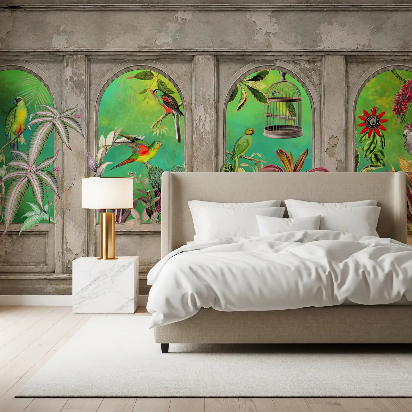 Murale da parete con archi vintage e uccelli tropicali