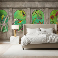 Murale da parete con archi vintage e uccelli tropicali