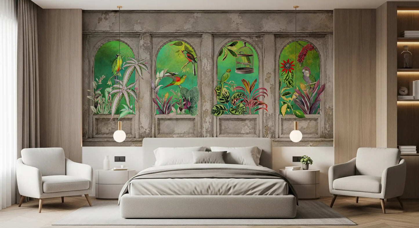 Murale da parete con archi vintage e uccelli tropicali