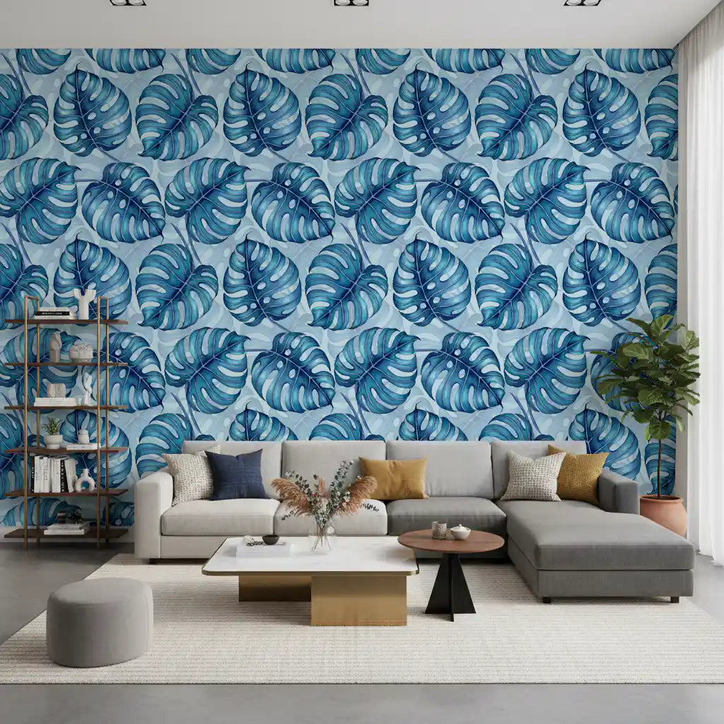 Carta da parati Monstera acquerello in blu⁠