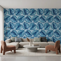 Carta da parati Monstera acquerello in blu⁠