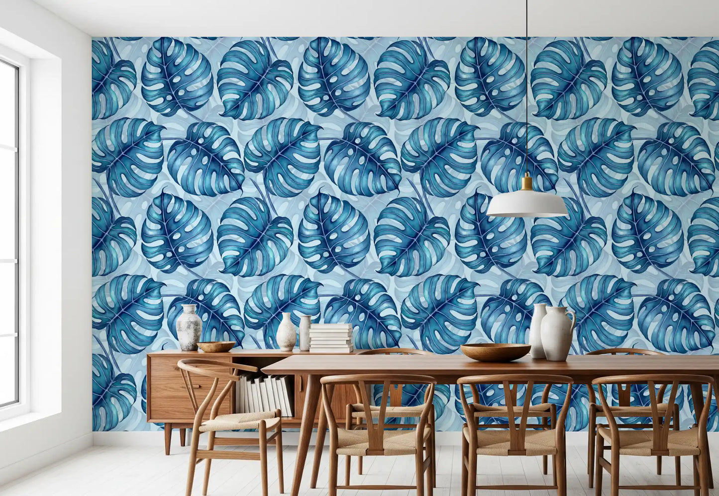 Carta da parati Monstera acquerello in blu⁠
