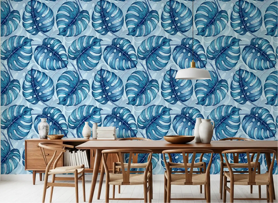 Ocean blue monstera wallpaper easing a calm Dining room, GD10801
