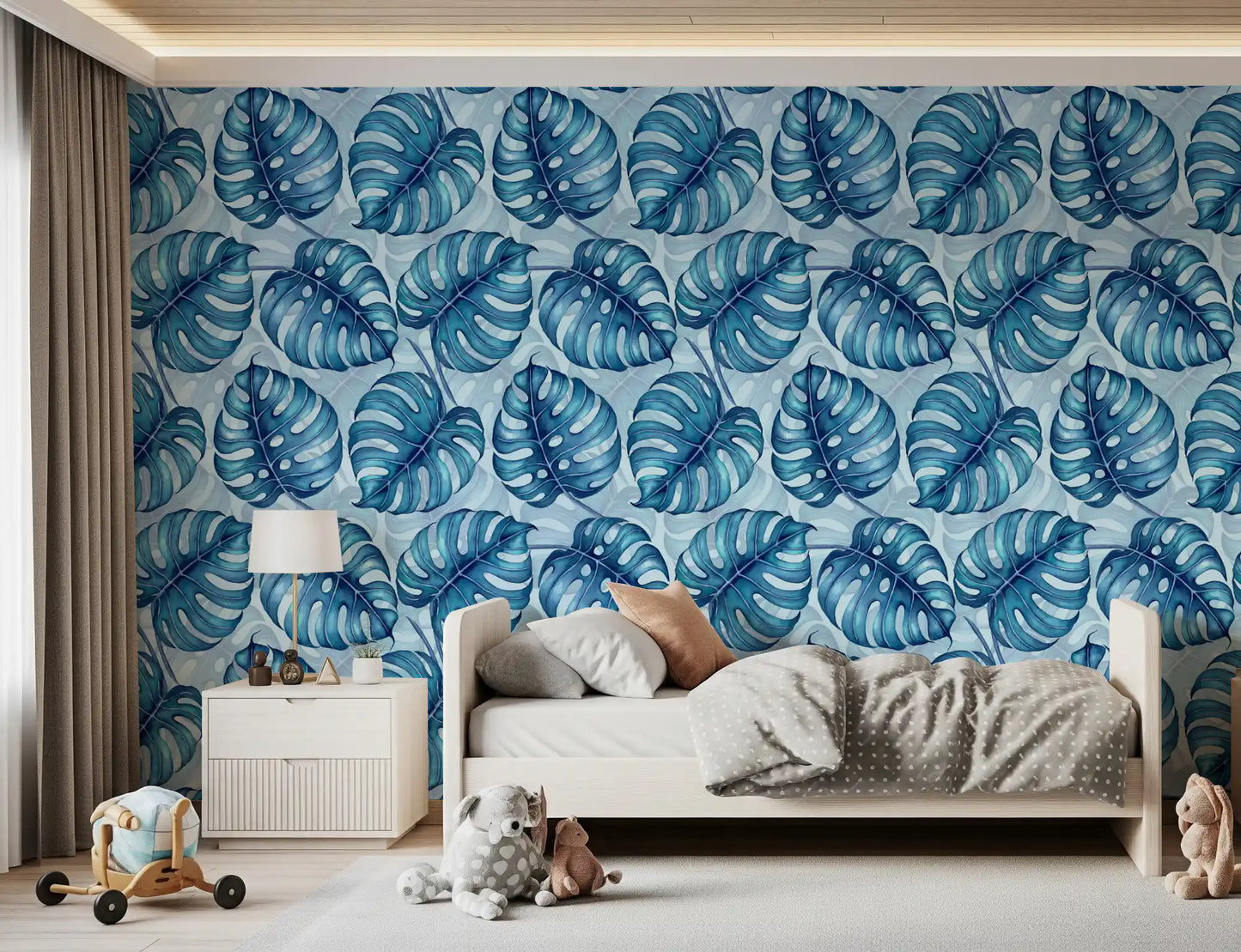 Carta da parati Monstera acquerello in blu⁠