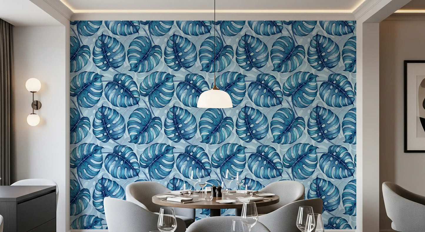 Carta da parati Monstera acquerello in blu⁠