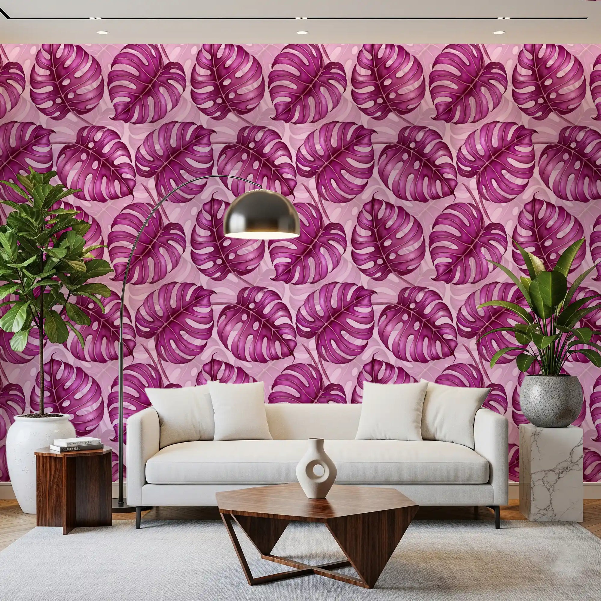 Purple monstera watercolor wallpaper gives a modern living room a tropical mood GD10802
