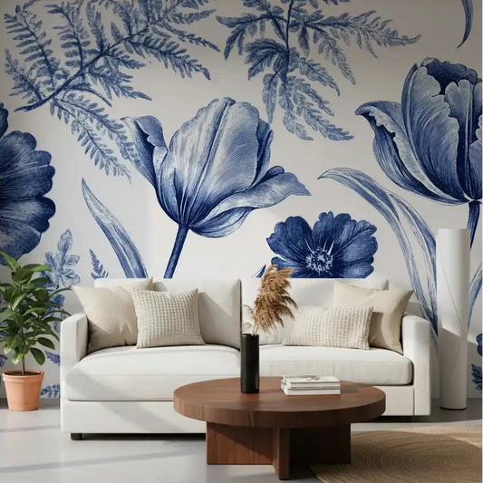 Blue toile blooms wrap a Living room, shown in Vintage Indigo wall mural, GD10808
