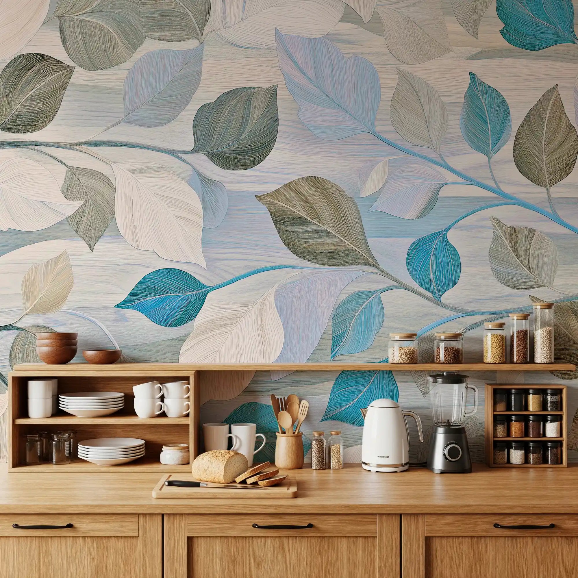 Kitchen set off by the pastel Whispering Leaves wall mural GD10809
