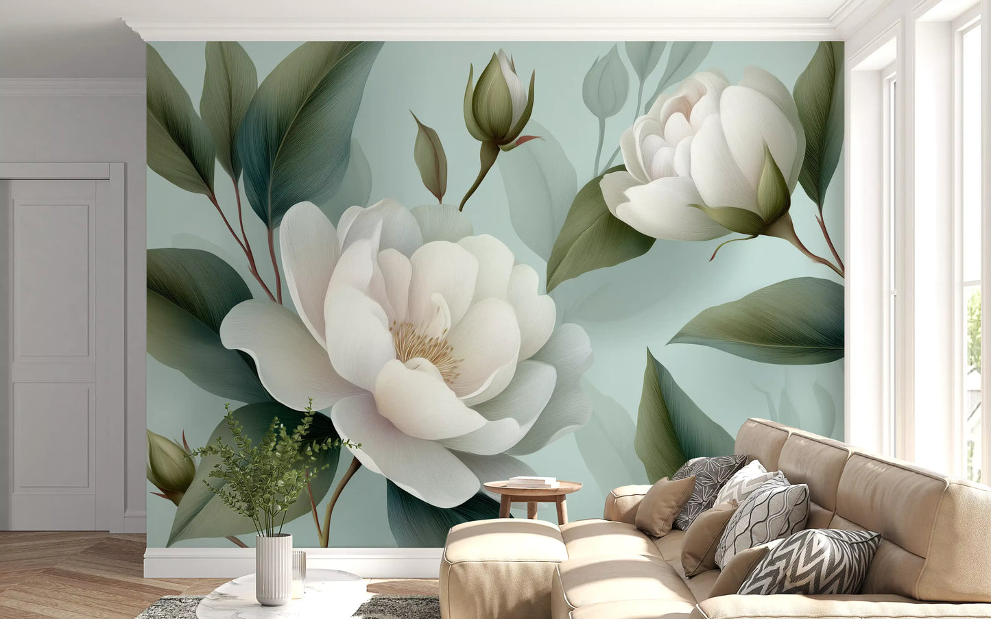 Serene Sage White Peonies Floral Wall Mural