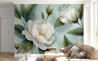 Serene Sage White Peonies Floral Wall Mural