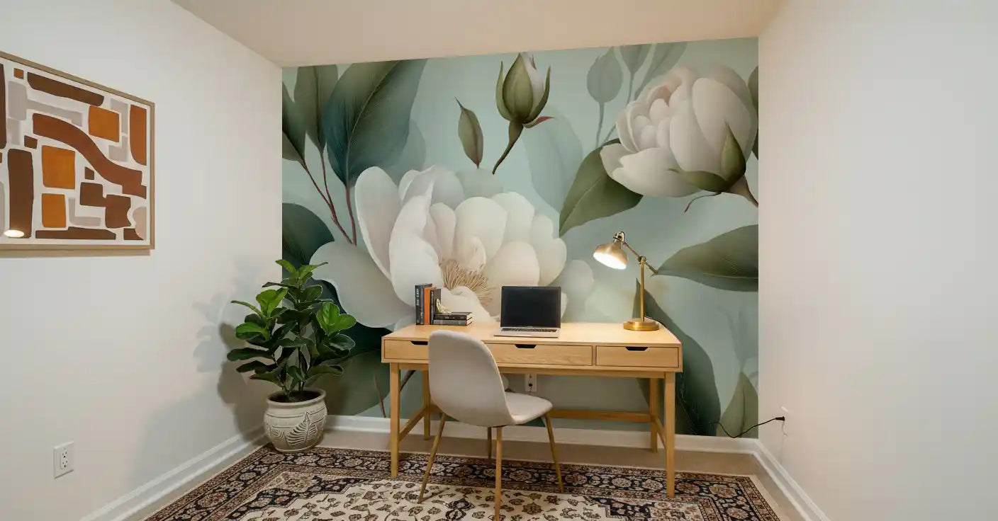 Serene Sage White Peonies Floral Wall Mural