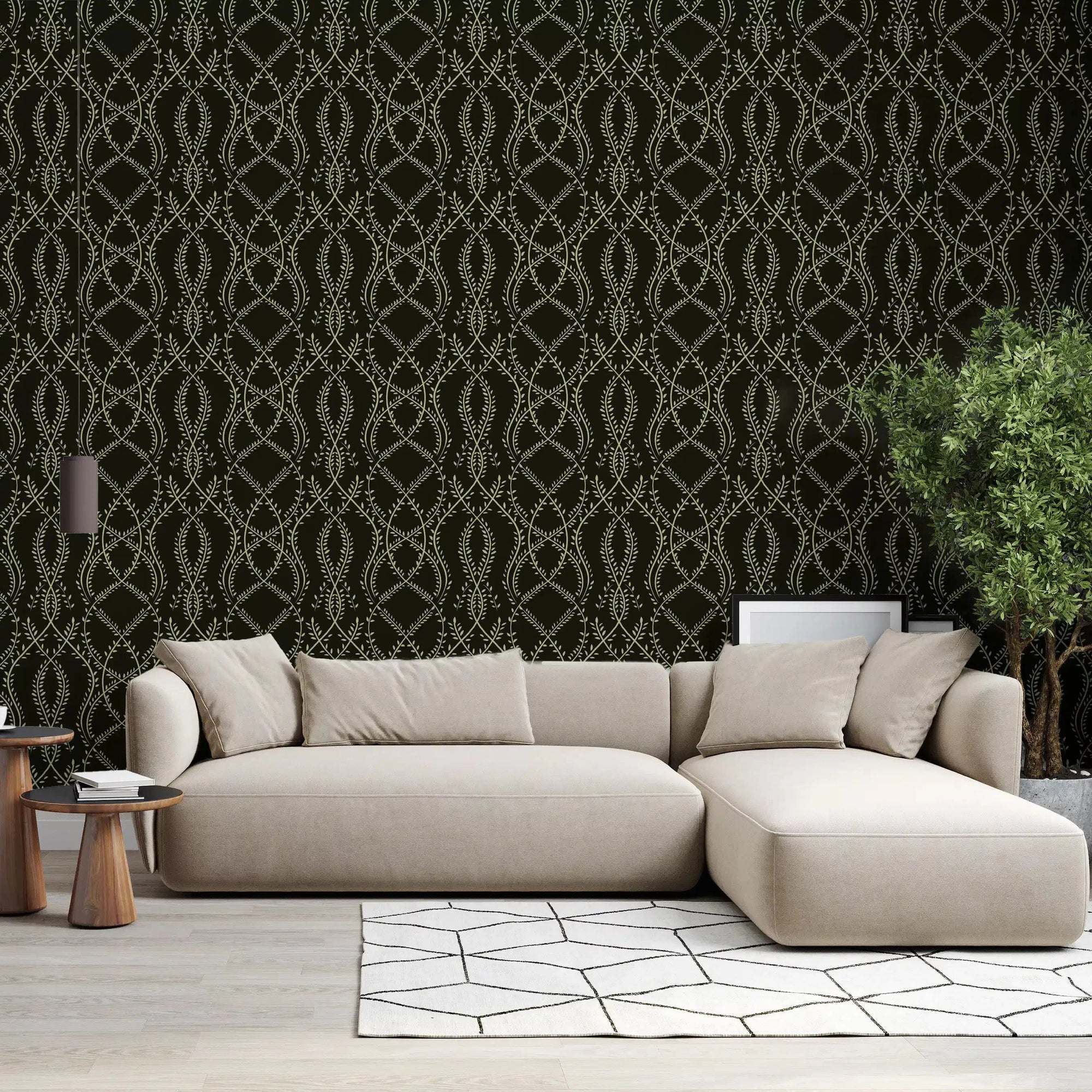 Green ivy vine wallpaper deepening a moody living room, GD10821
