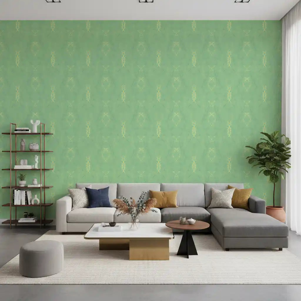 Living room dressed with the Sage and Gold Trellis wallpaper GD10830
