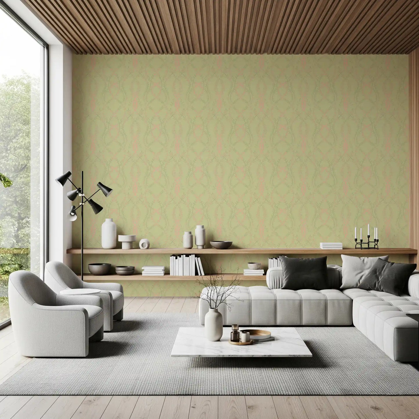 Soft Sage and Blush Pink Botanical Ogee Wallpaper Wallpaper⁠