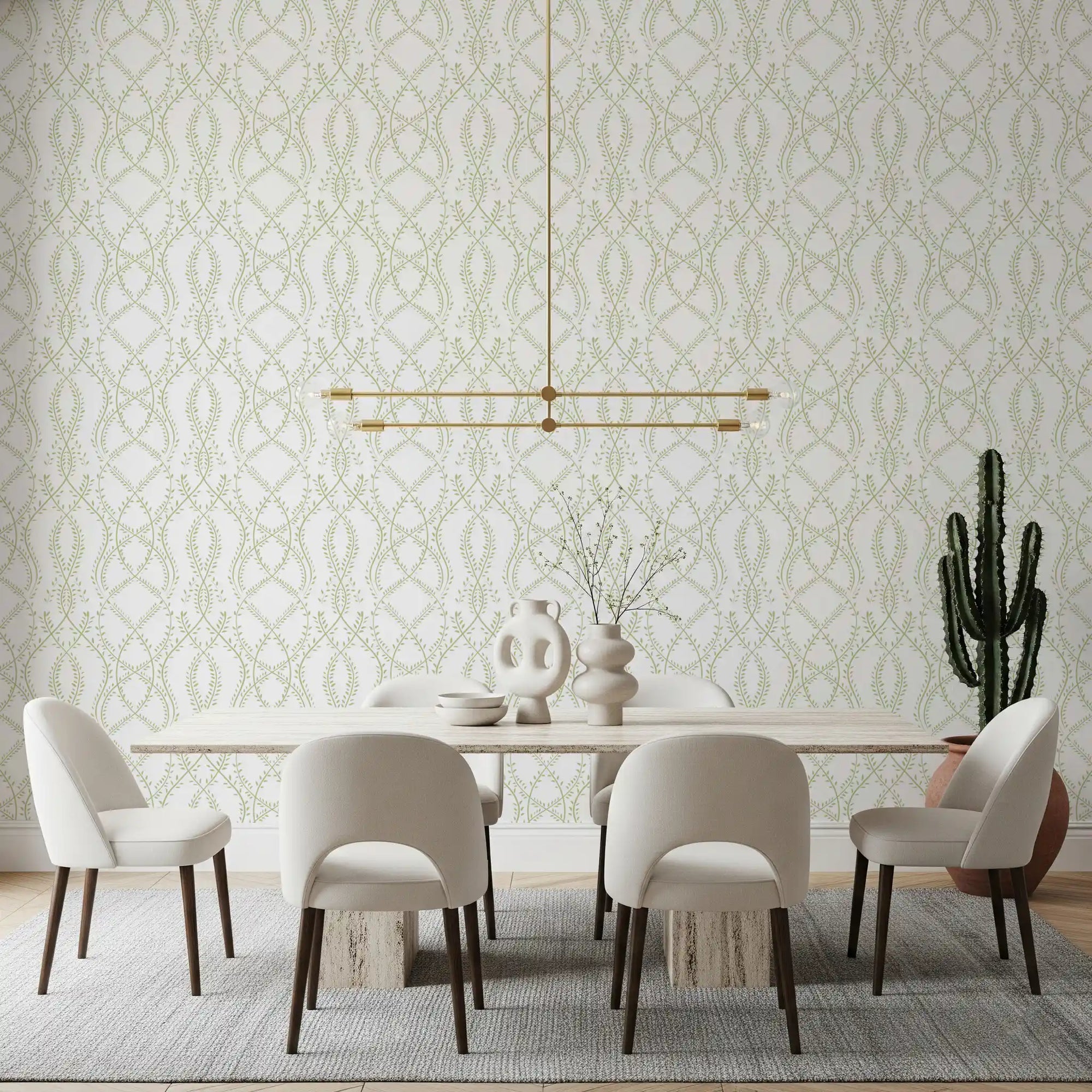 Sage green vine trellis wallpaper keeps a Dining room fresh and calm GD10833
