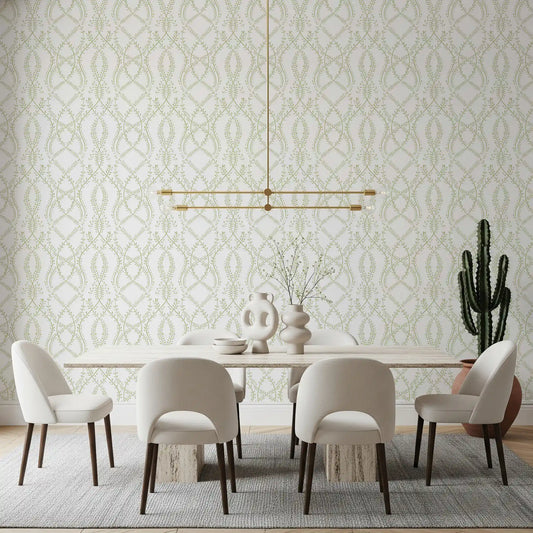 Sage green vine trellis wallpaper keeps a Dining room fresh and calm GD10833
