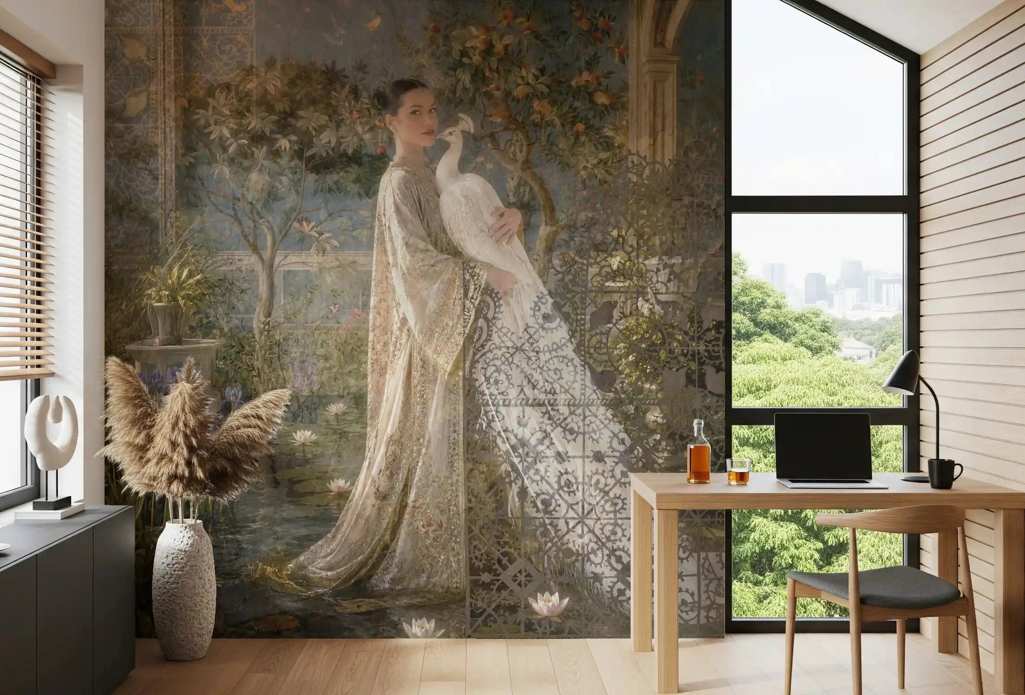 Peacock garden scene spreads behind a Home office area in Enchanted Palace wall mural GD10836
