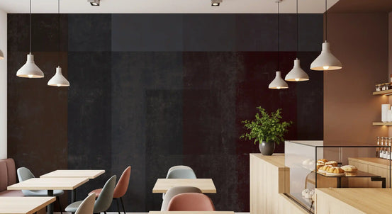 Dark block grid wall mural spanning a moody Restaurant feature, GD10855

