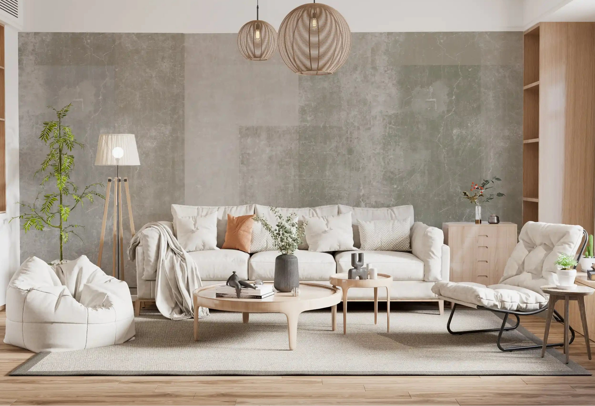 Muted block geometry spreads behind a living room Concrete Geometric wall mural GD10856

