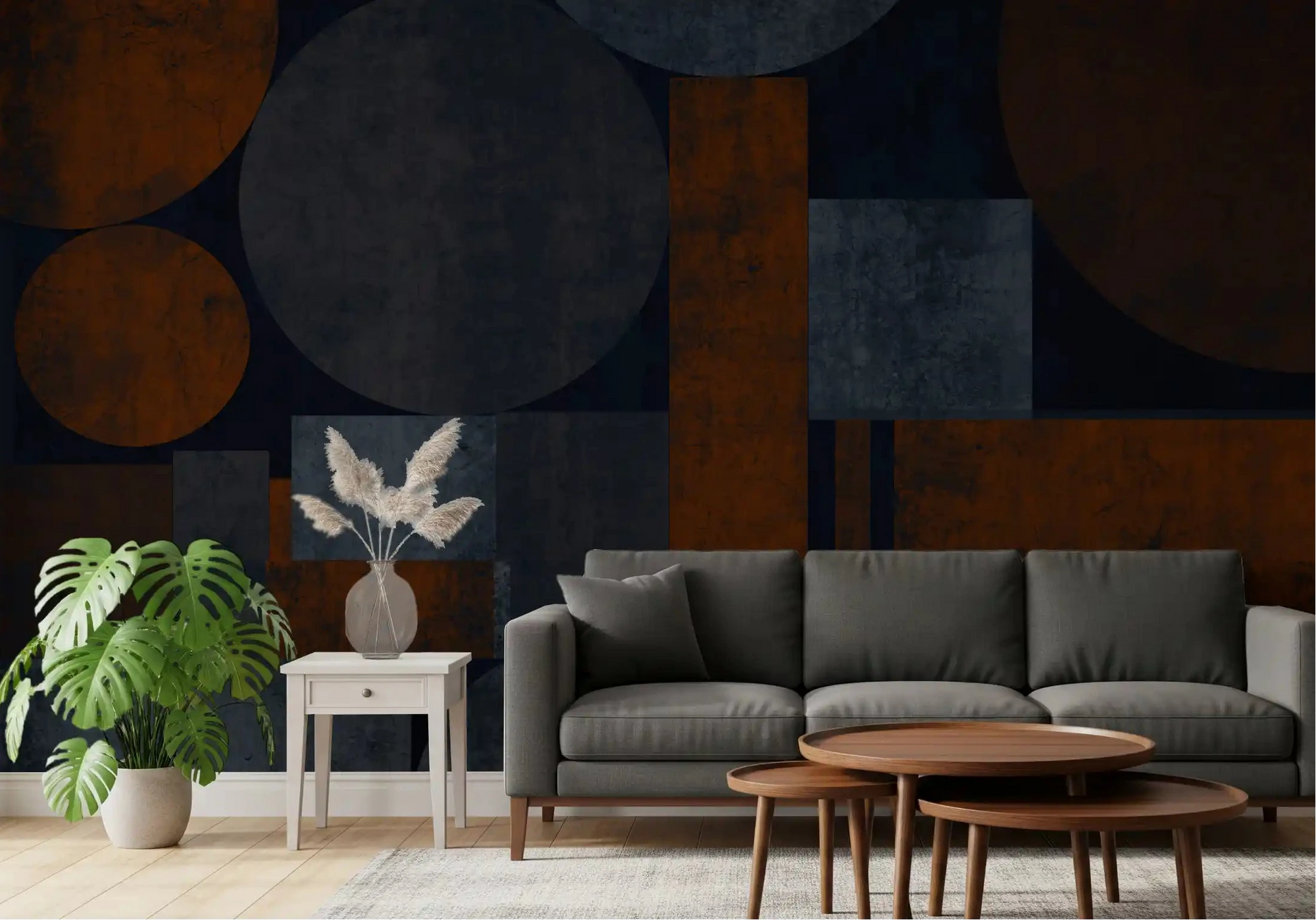 Rust and navy circles spread behind a living room Earthy Geometrics wall mural GD10861
