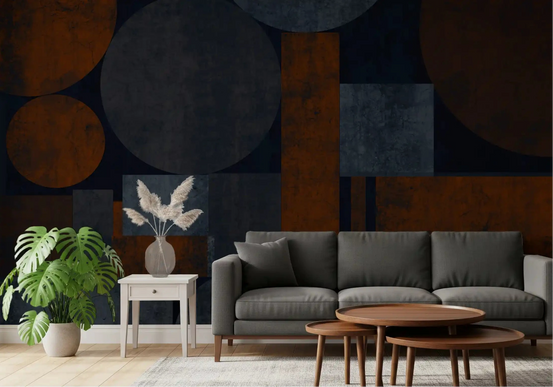 Rust and navy circles spread behind a living room Earthy Geometrics wall mural GD10861
