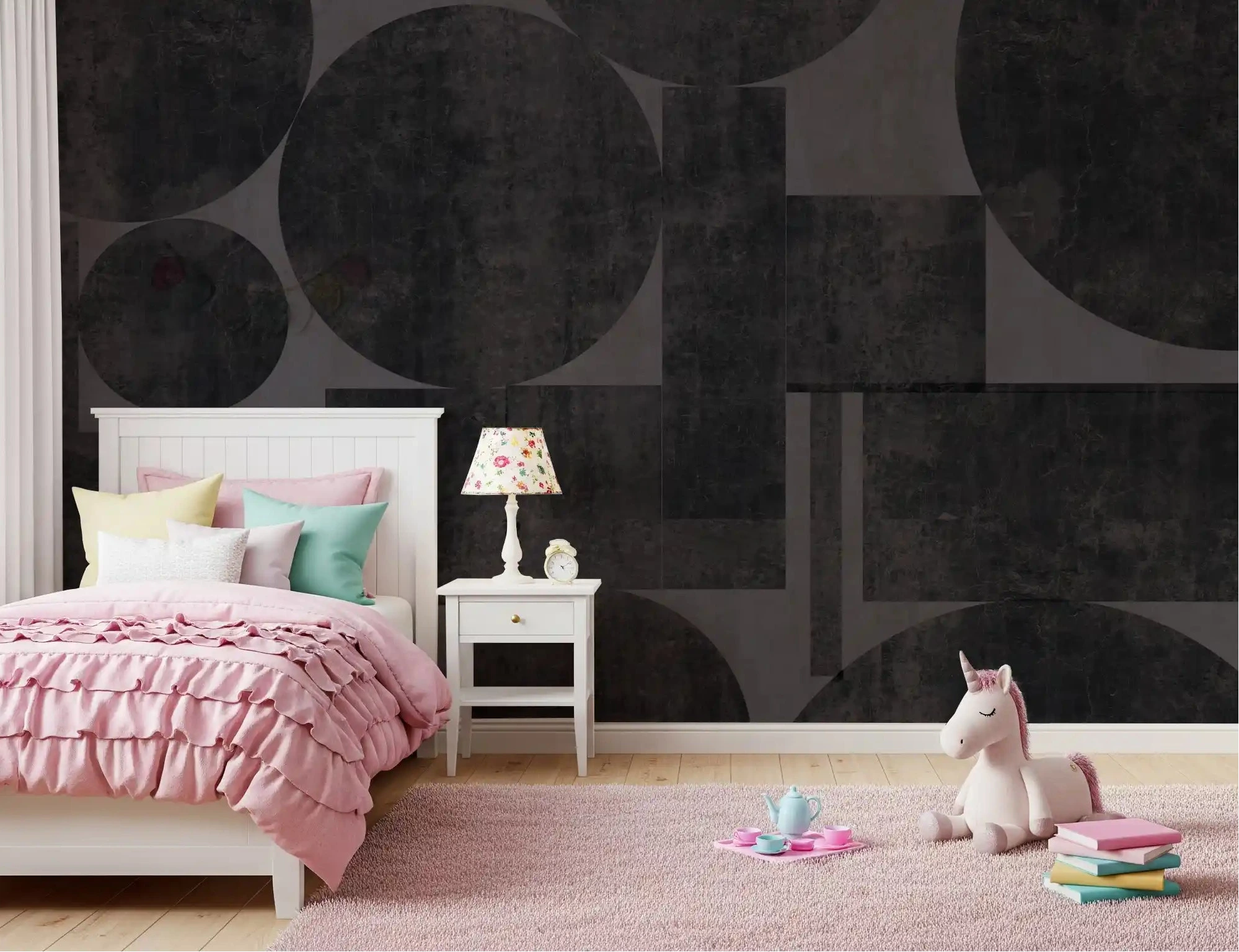 Charcoal circles and blocks wall mural framing a modern bedroom GD10862