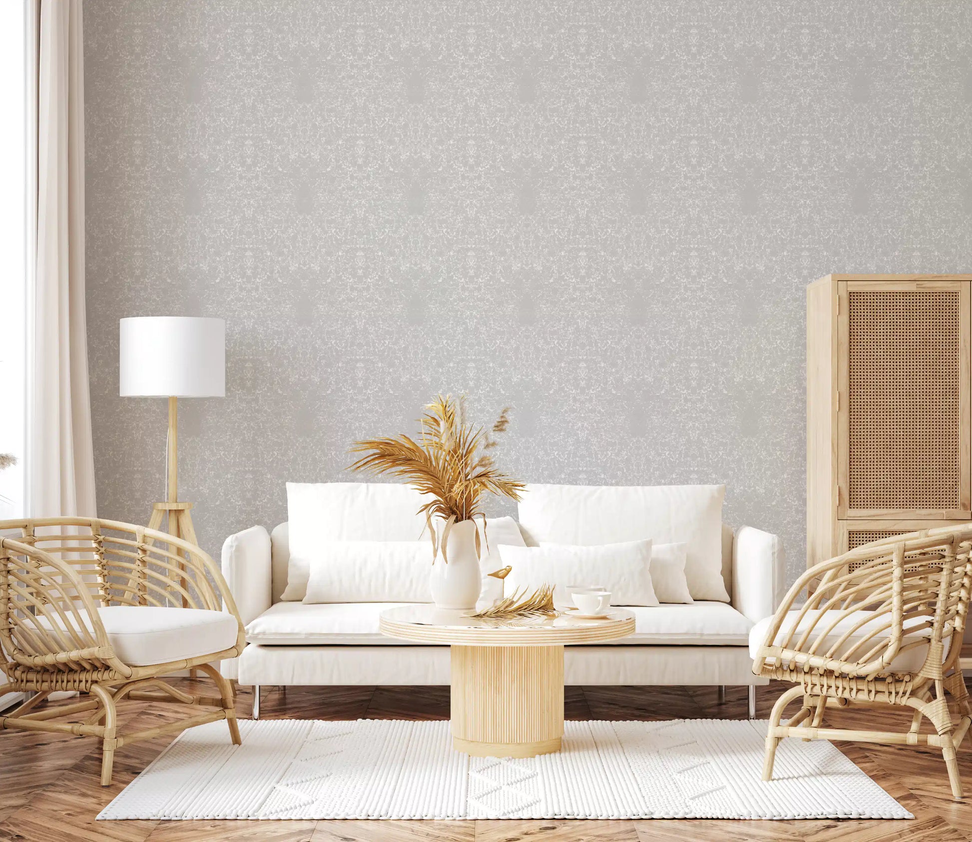 Pale plaster textured wallpaper spanning a calm living room, GD10865
