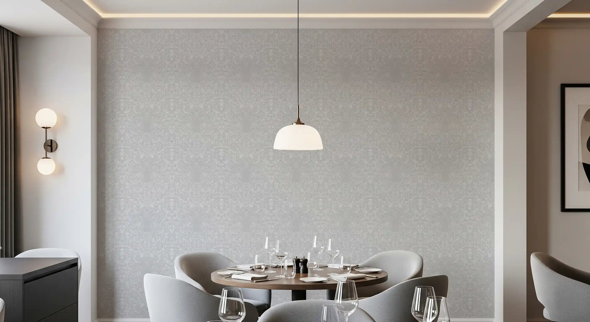 Neutral greige plaster wallpaper filling a Dining room  feature, GD10865
