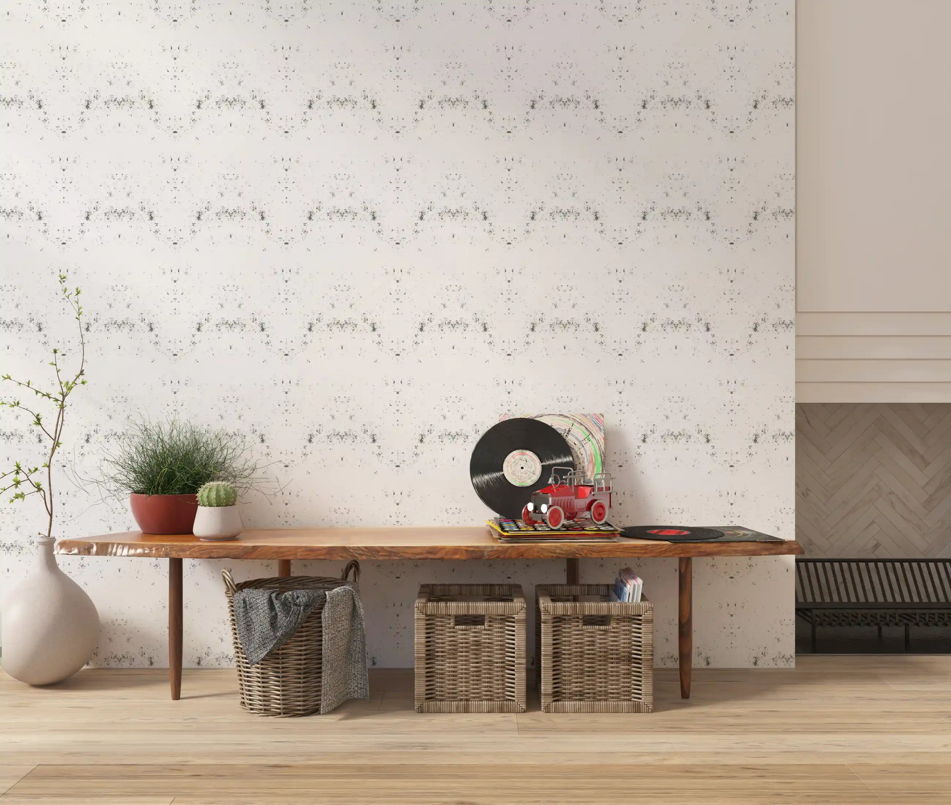 Grey smudges break the pale field in this Industrial Distressed White wallpaper GD10866
