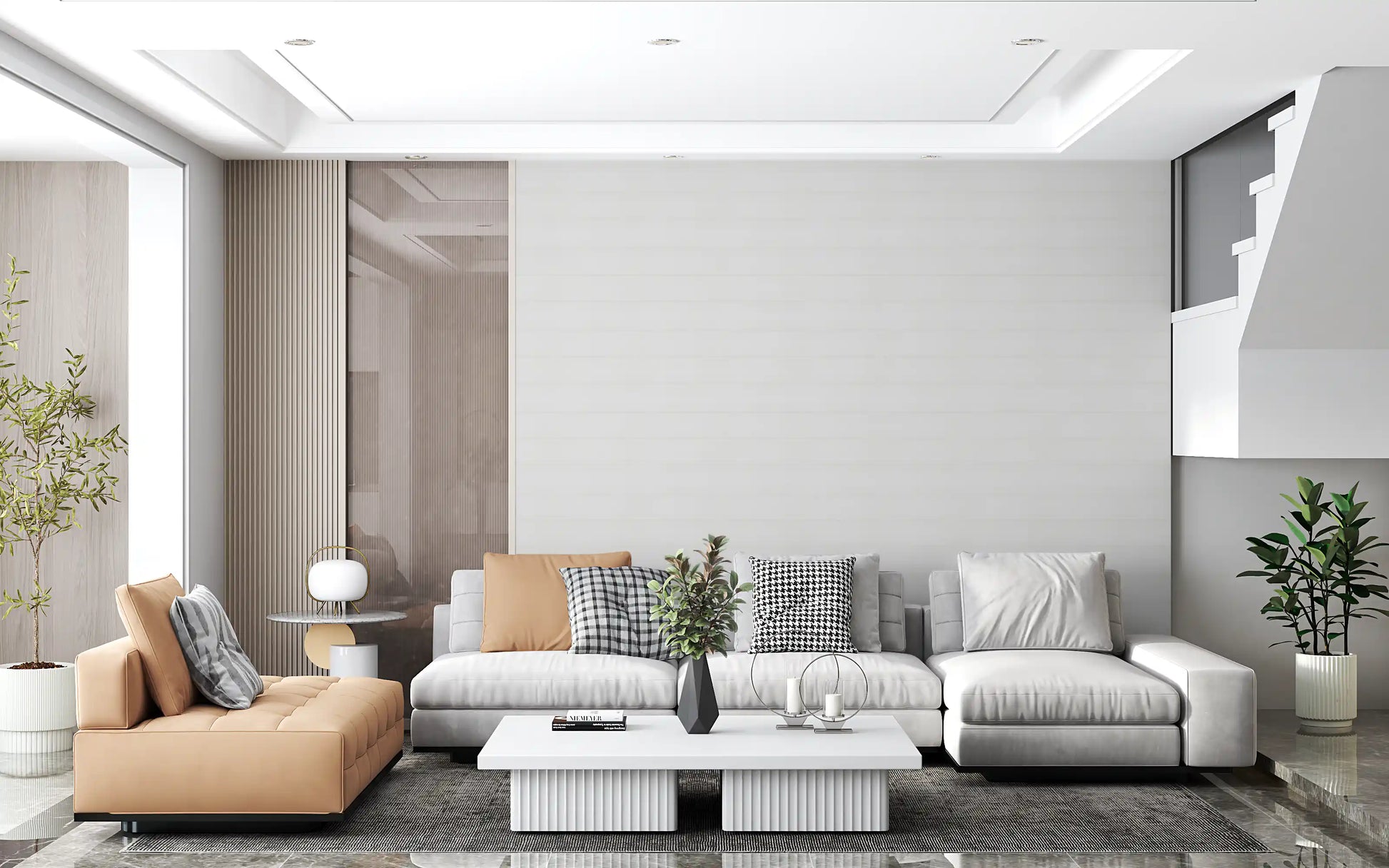 Neutral plaid wallpaper gives a Living room an even, low-key feel GD10867
