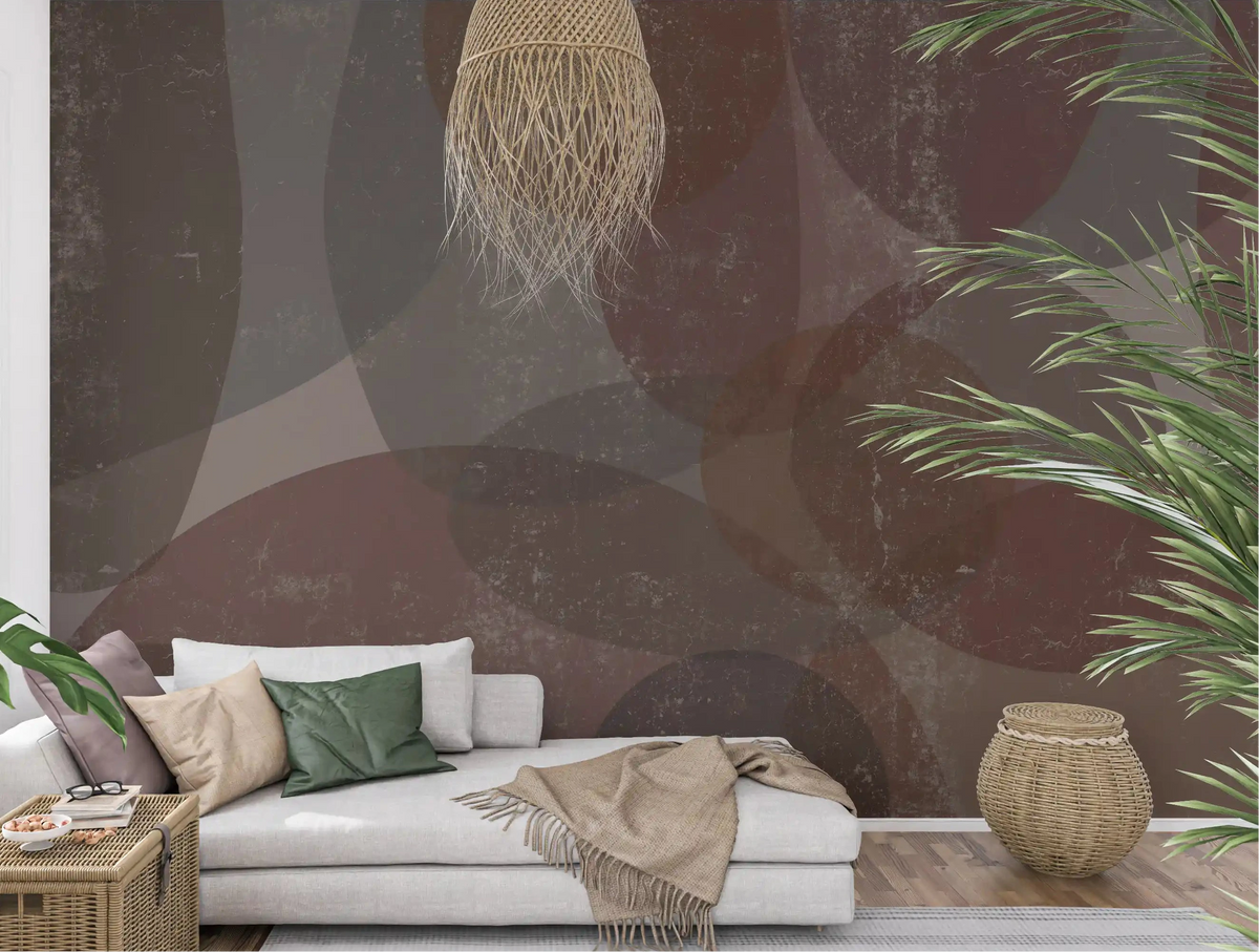 Rustic earth tones pebble wall mural spanning a calm living room GD10868