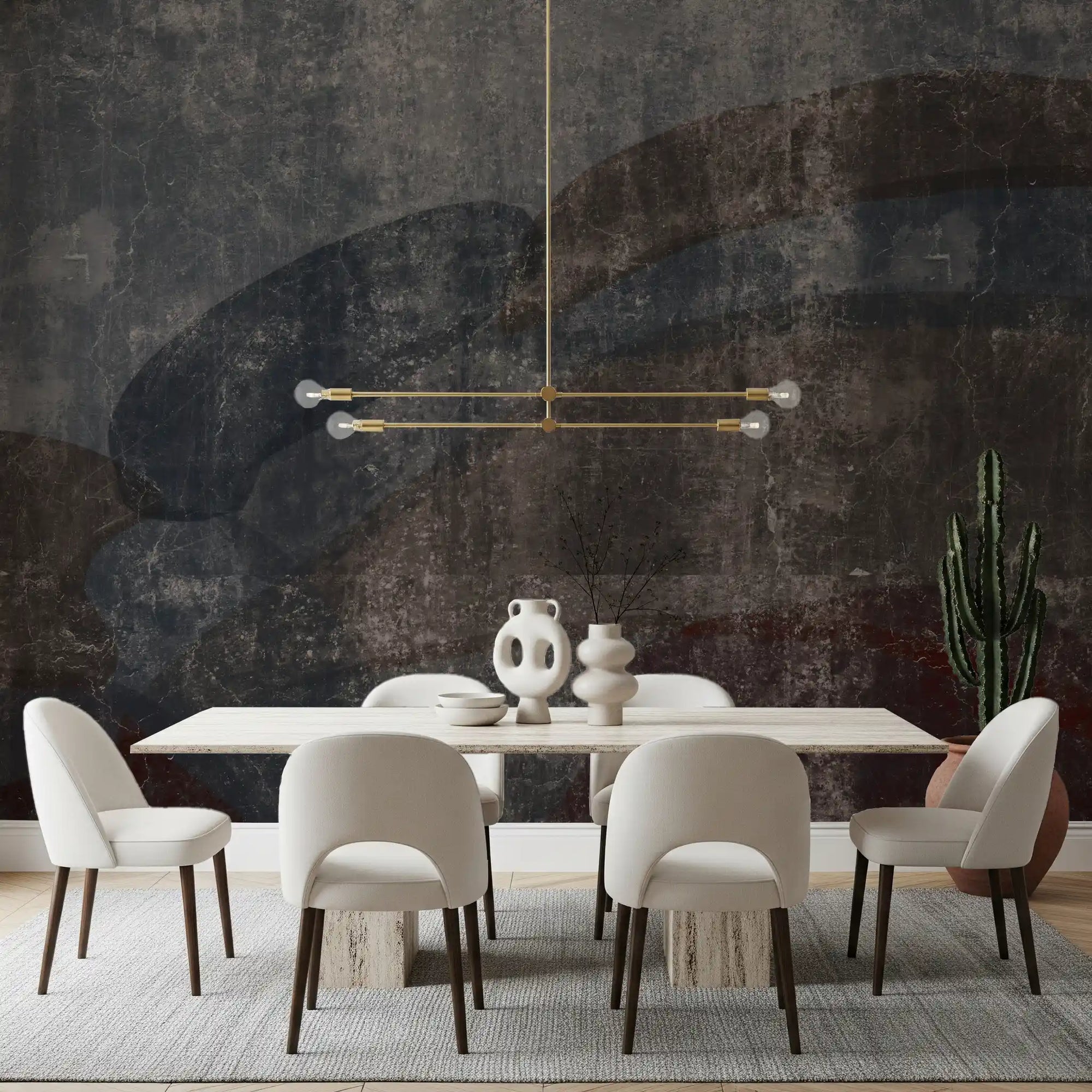Rustic curvilinear wall mural setting a moody tone in an open dining room, GD10869
