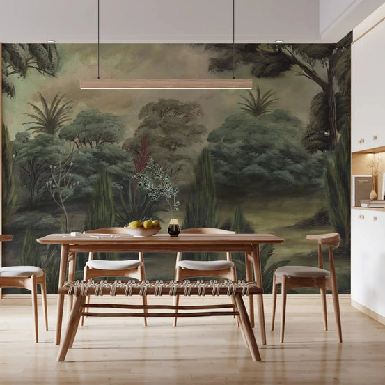Misty forest wall mural sets a moody dining room backdrop GD10874
