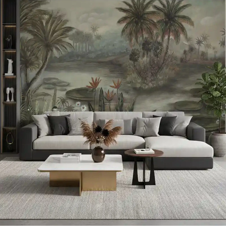 Vintage tropical lagoon wall mural spreading across a calm living room GD10875
