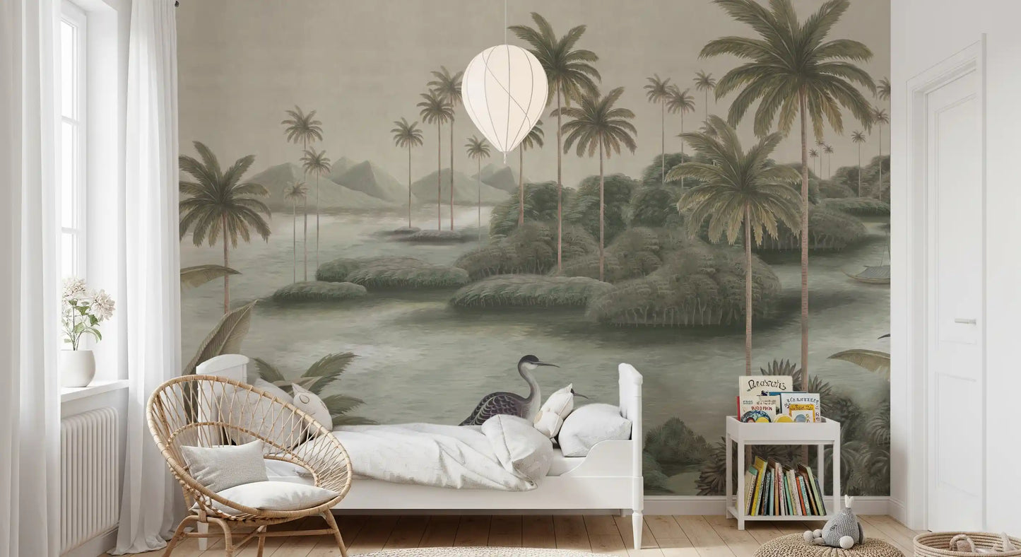 Vintage Chinoiserie Palme & Reiher Wandbild