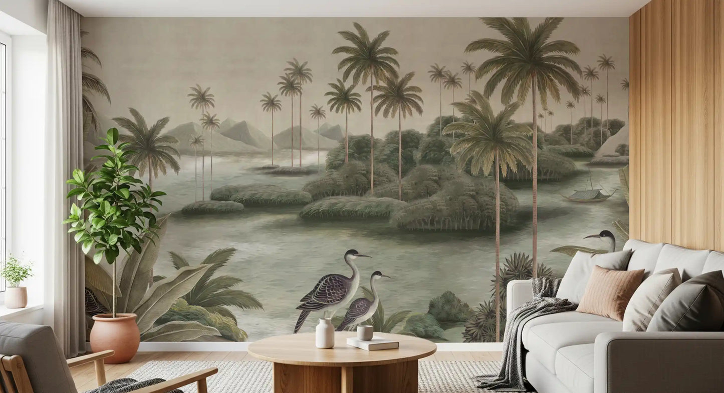 Vintage Chinoiserie Palme & Reiher Wandbild