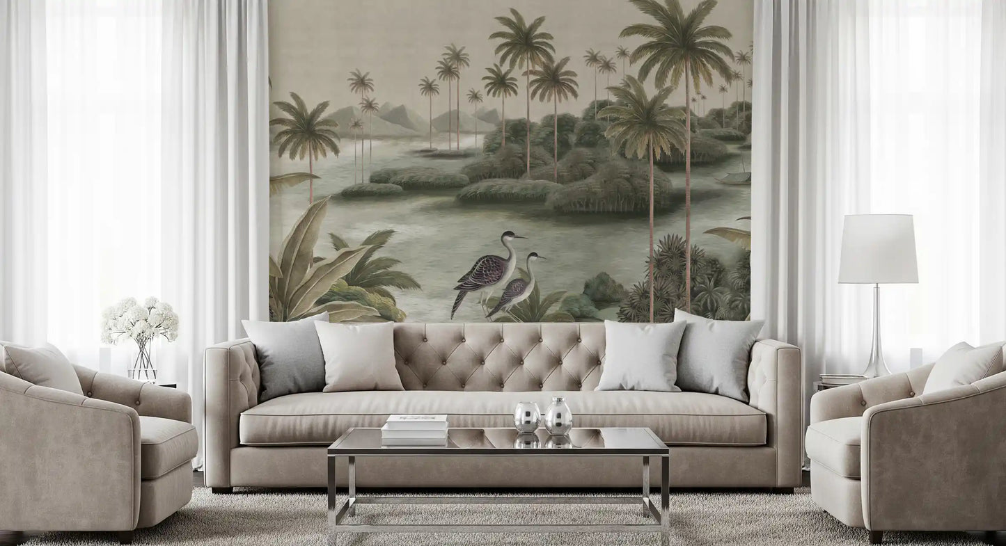 Vintage Chinoiserie Palme & Reiher Wandbild