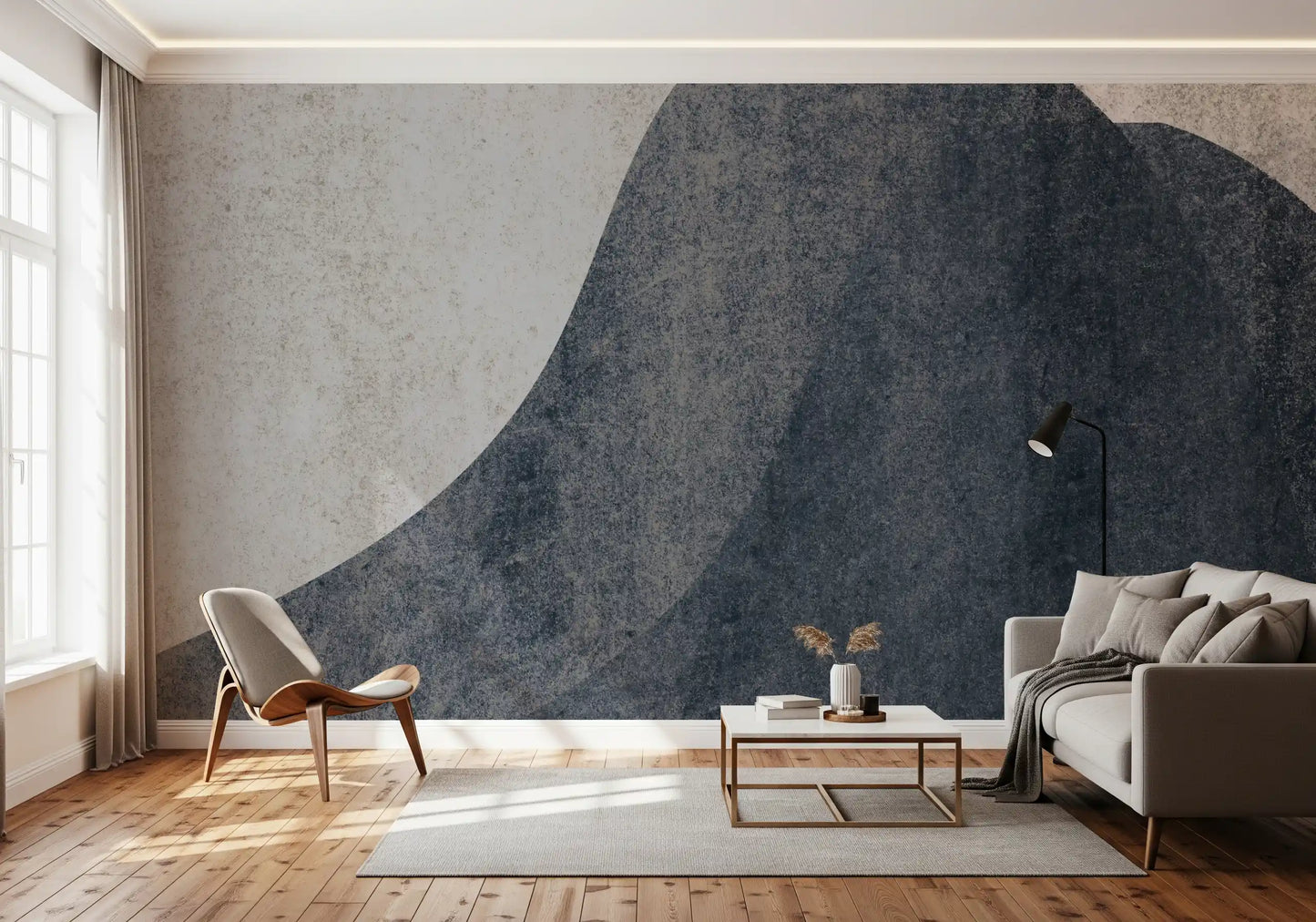 Wandbild mit abstrakten Wellen in Schiefer- und Steinstruktur