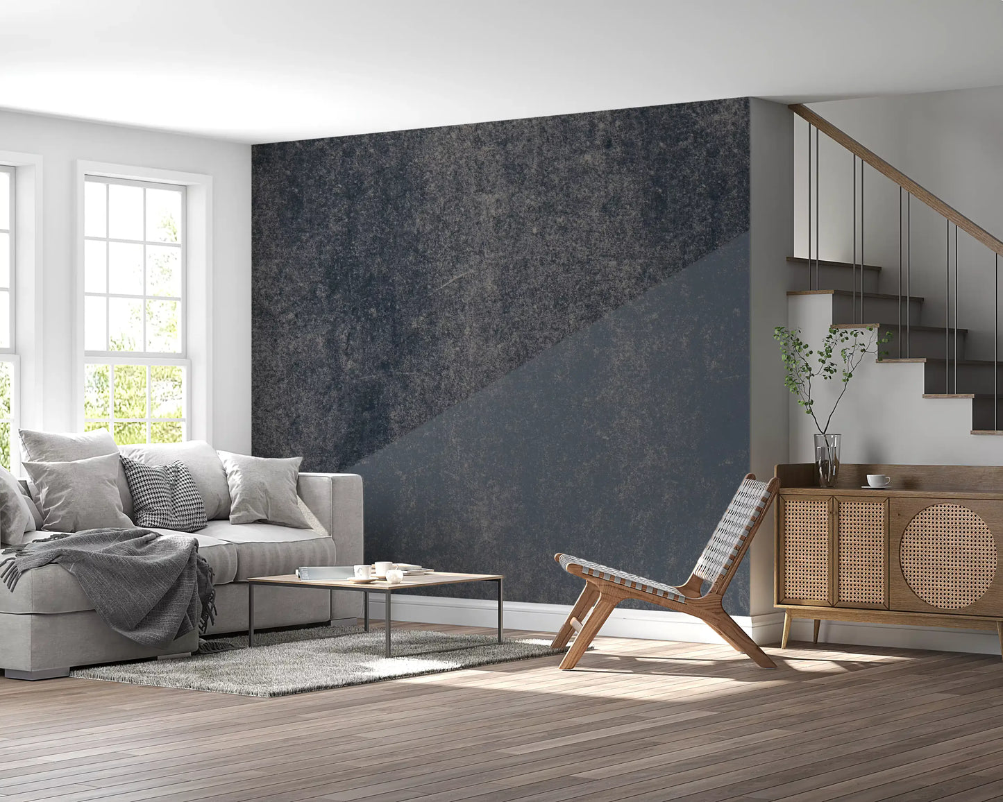 Wandbild mit diagonalen Streifen in Kohle und Stahlblau