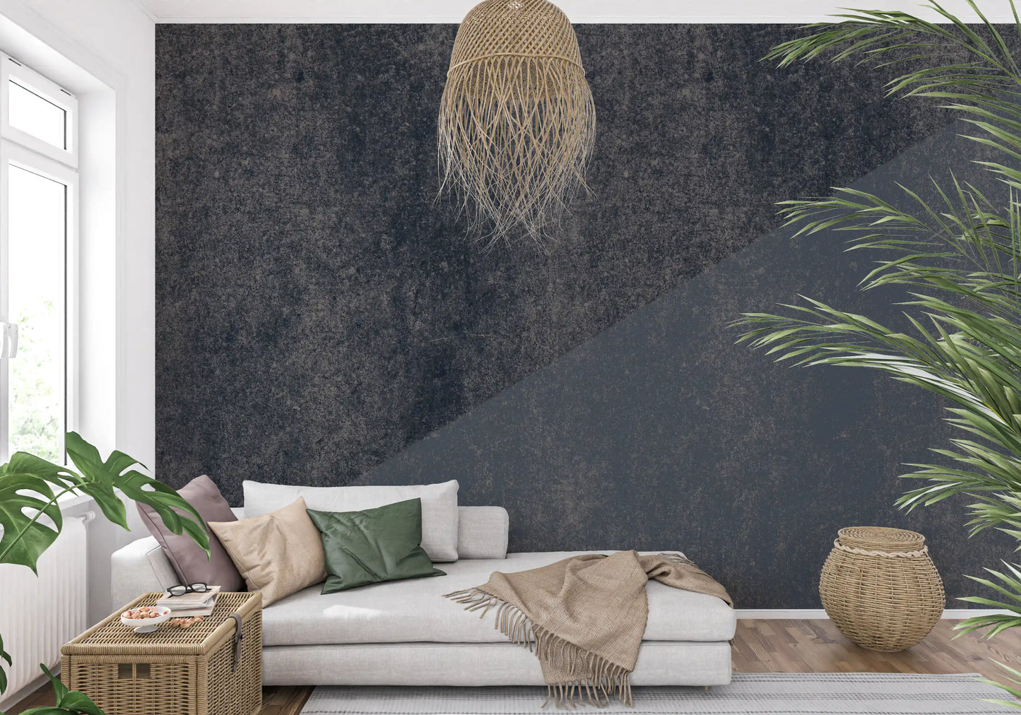 Wandbild mit diagonalen Streifen in Kohle und Stahlblau