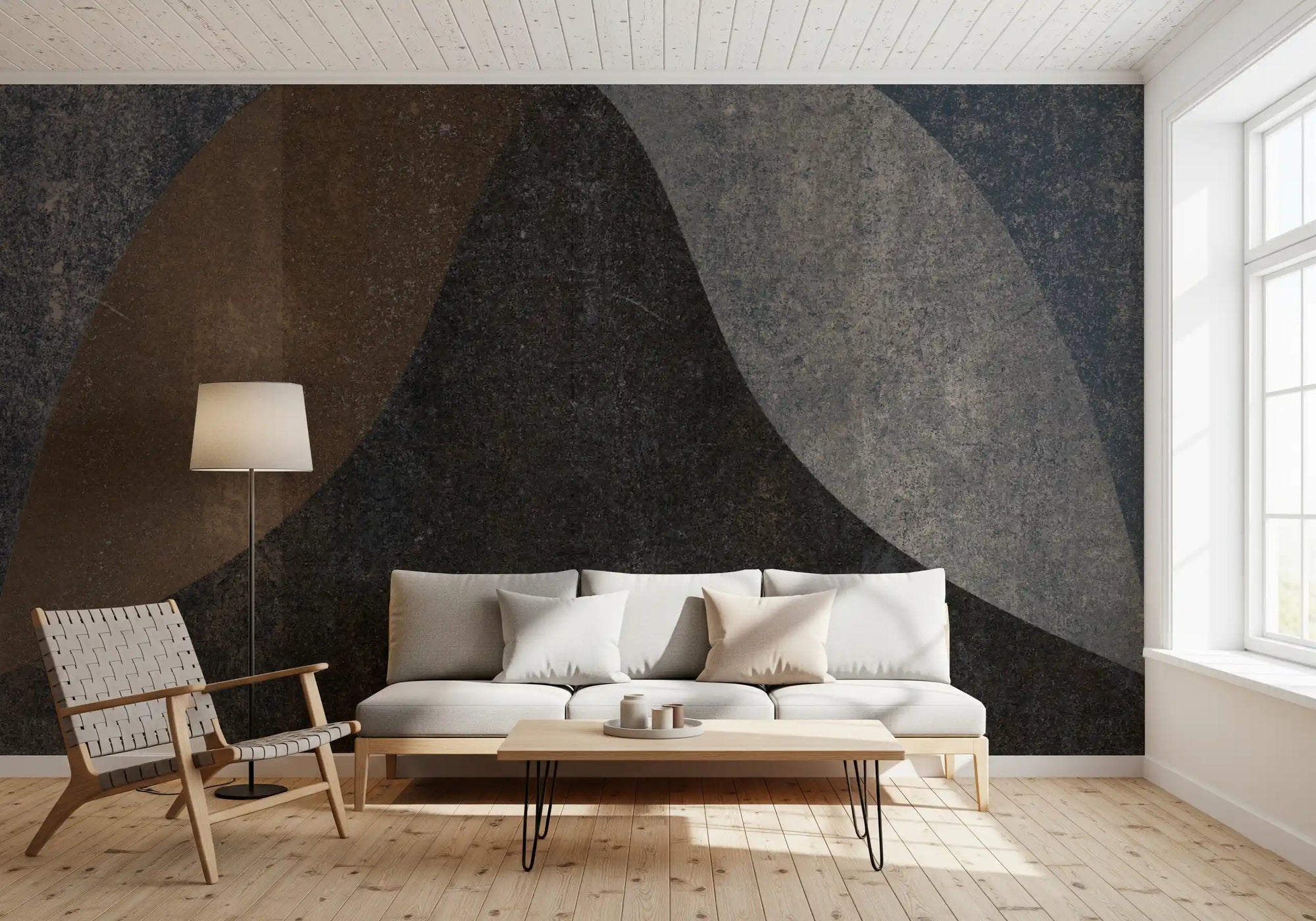 Earthy textured arches wall mural curving over a calm living room GD10885
