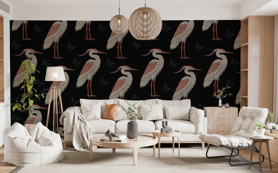 Muted heron pattern wall mural giving a living room a moody look GD10889
