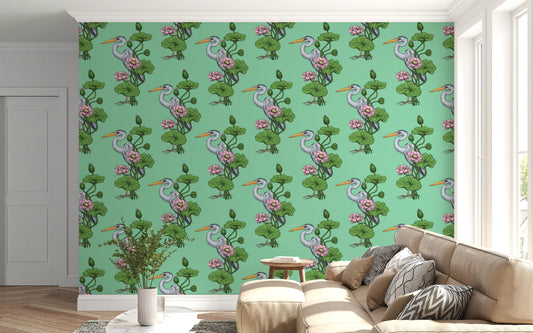 Heron in the Pink Lotus Garden on jade Wallpaper⁠