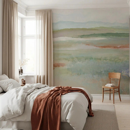 Earthy meadow landscape wall mural washing over a calm bedroom GD10891
