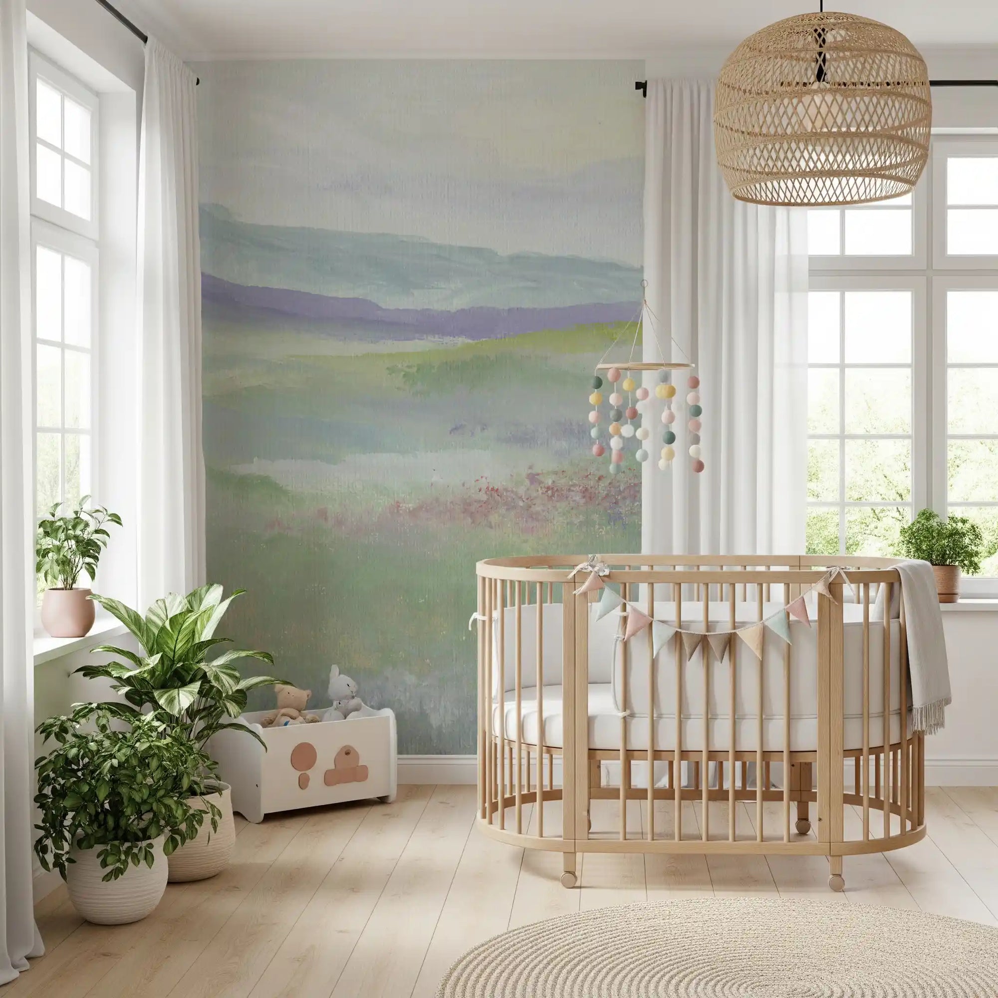 Misty lavender meadows wall mural soothing a nursery with green hills, GD10892

