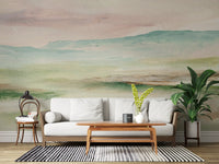 Fresque murale Montagne Impressionniste Sauge et Rose Pâle