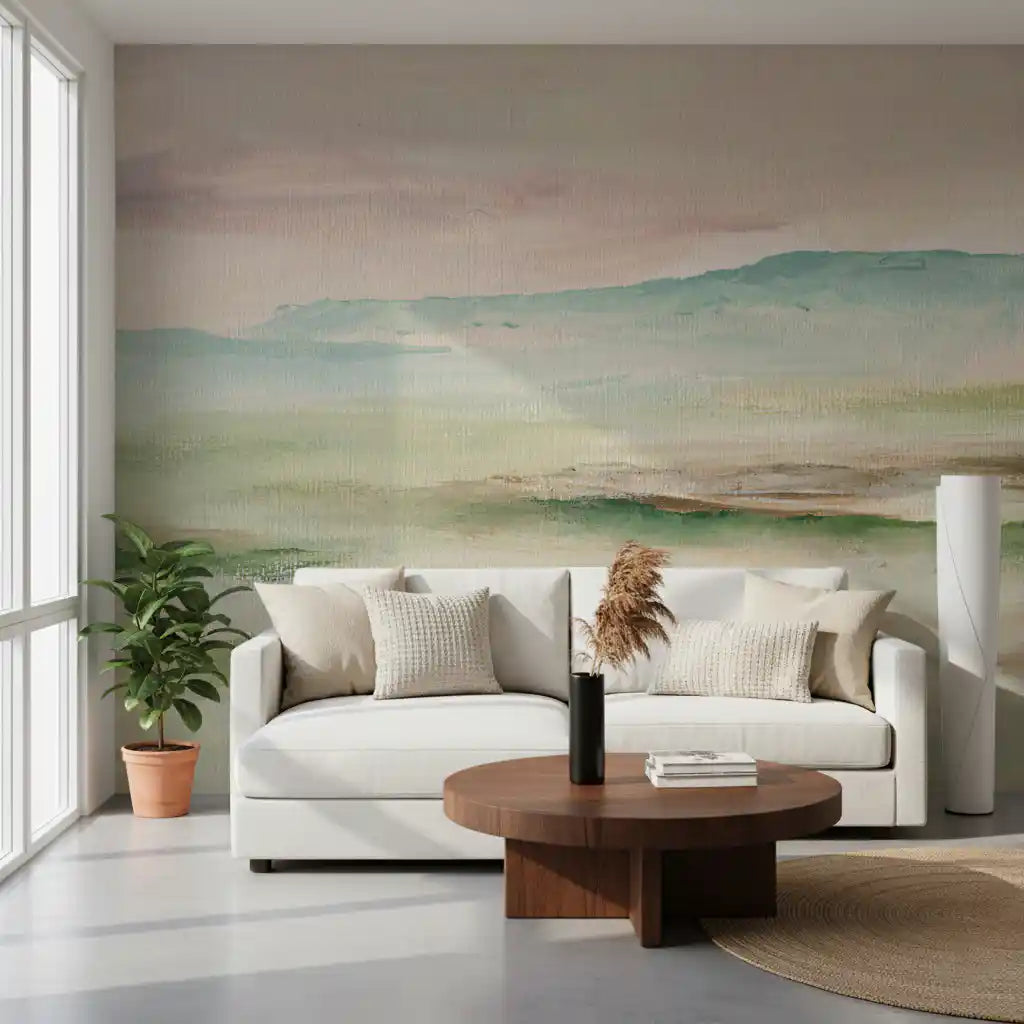 Impressionist sage and blush mountain wall mural in a modern living room GD10893
