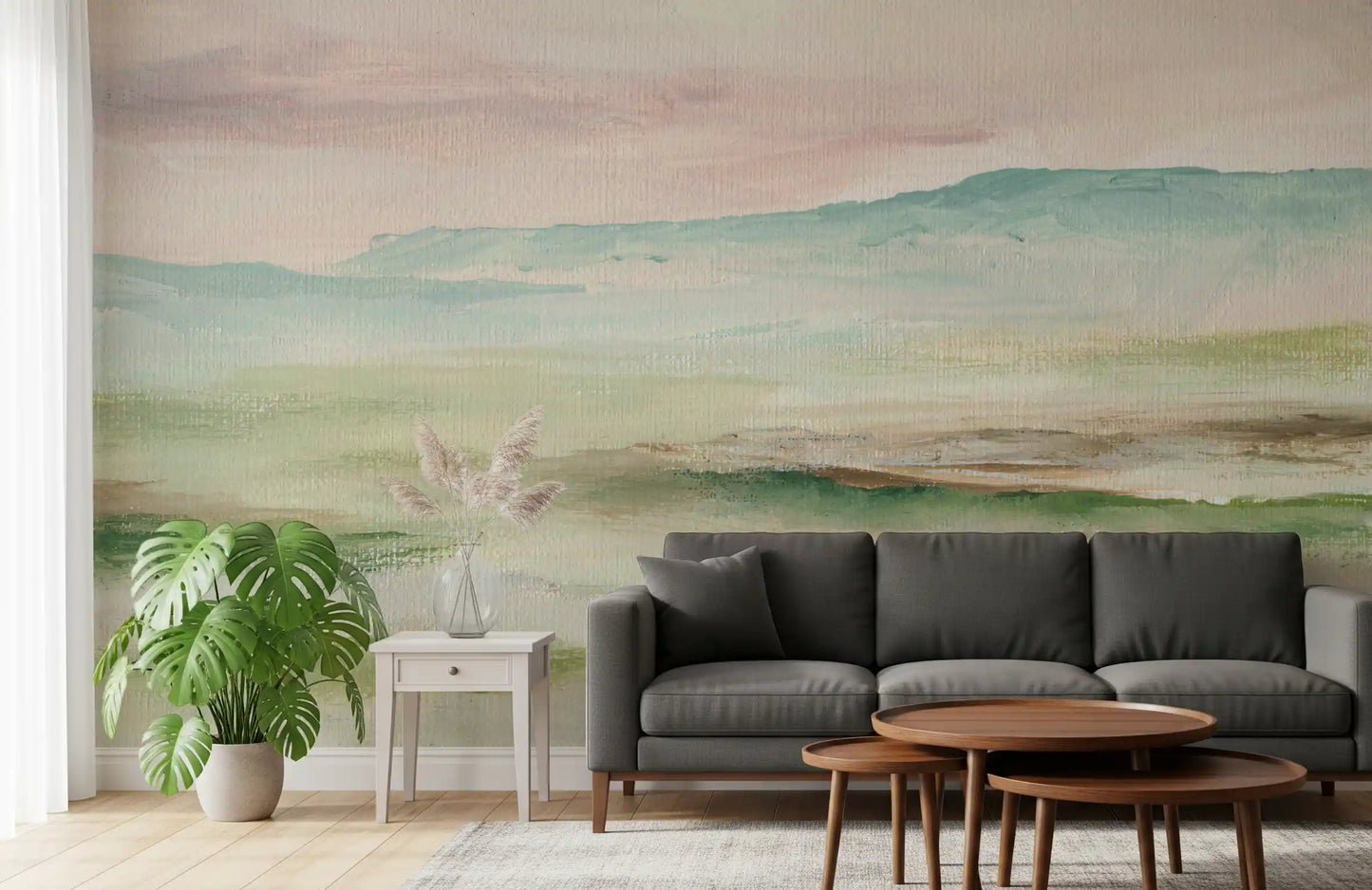 Fresque murale Montagne Impressionniste Sauge et Rose Pâle