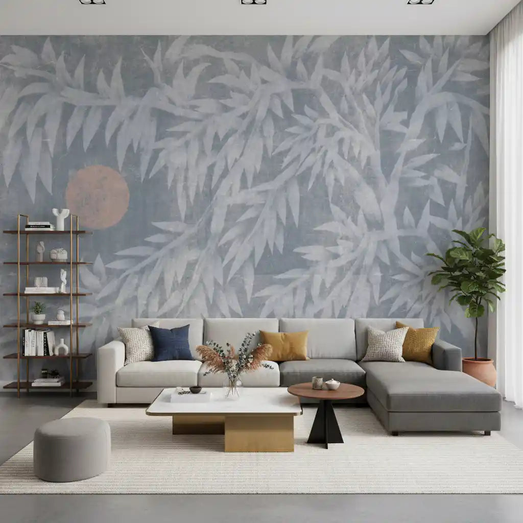 Misty bamboo leaves calm a living room in this wall mural GD10895
